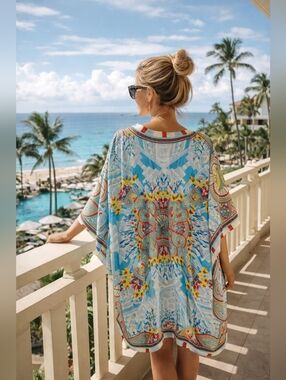 Johnny Was Silk Floral Kaftan Tunic Top XL Boho Resort Beach Cover Up Colorful